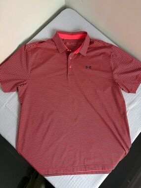 Under Armour Men's Coral and Black Striped Performance Polo Loose Fit Heatgear
